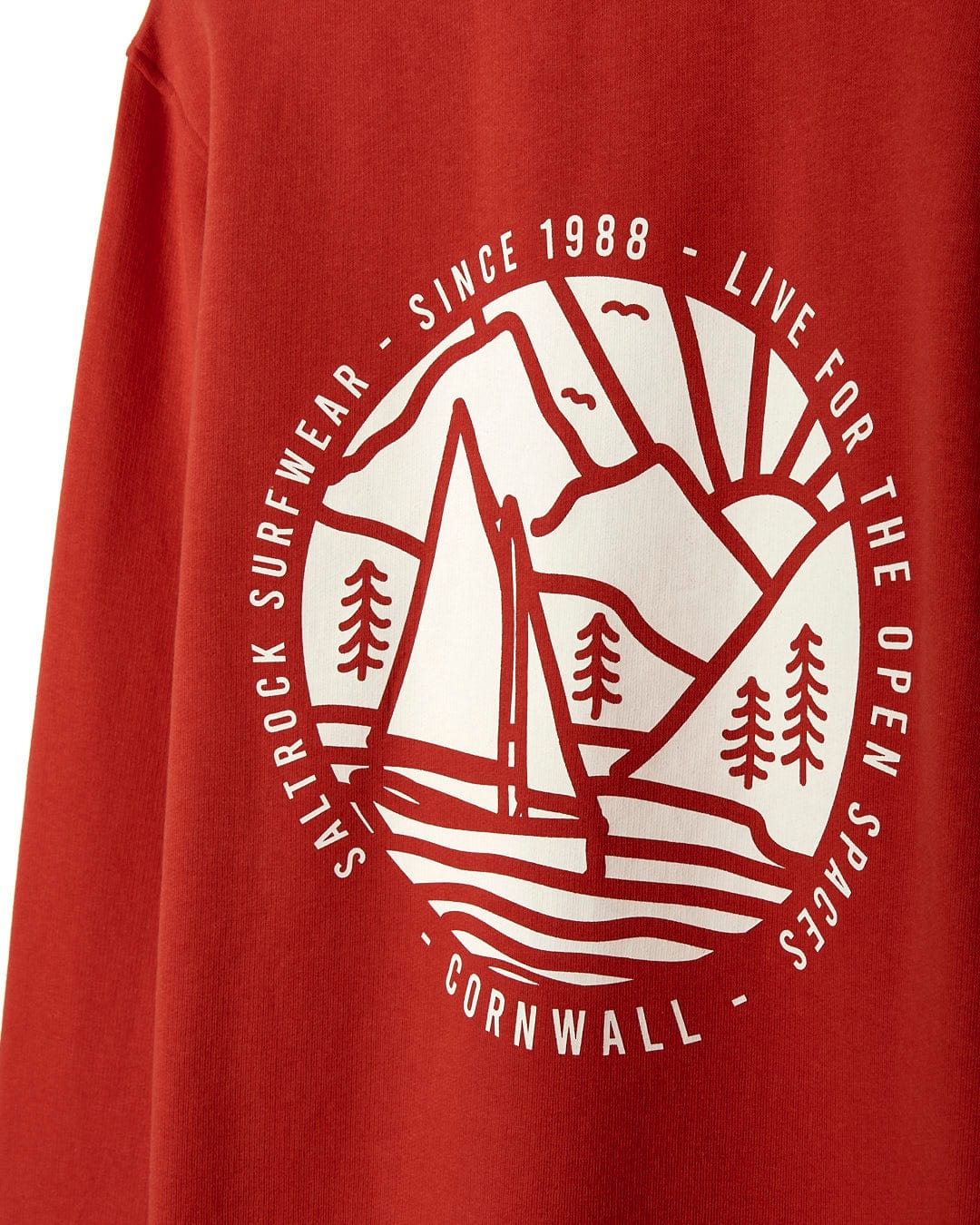 A Cornwall Sailaway - Mens Pop Hoodie - Red with a sailboat on it, made by Saltrock.