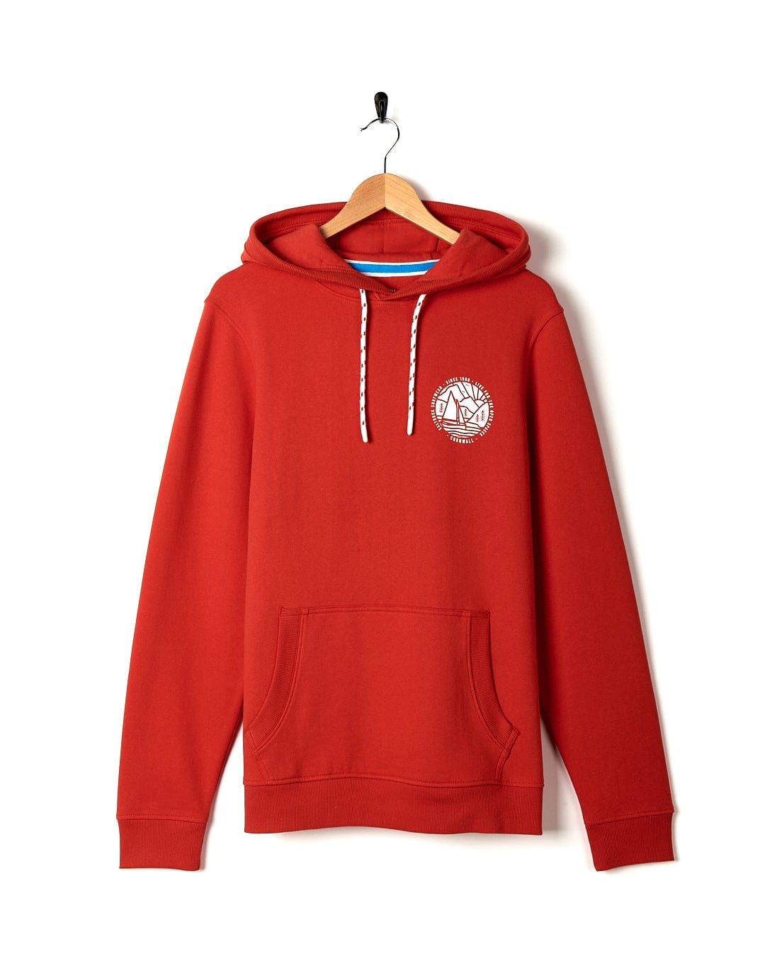 A Cornwall Sailaway - Mens Pop Hoodie - Red with a Saltrock logo on it.