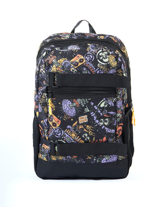 A Creeper Crew - Skatepack - Black backpack with a skull and crossbones design. (Brand: Saltrock)
