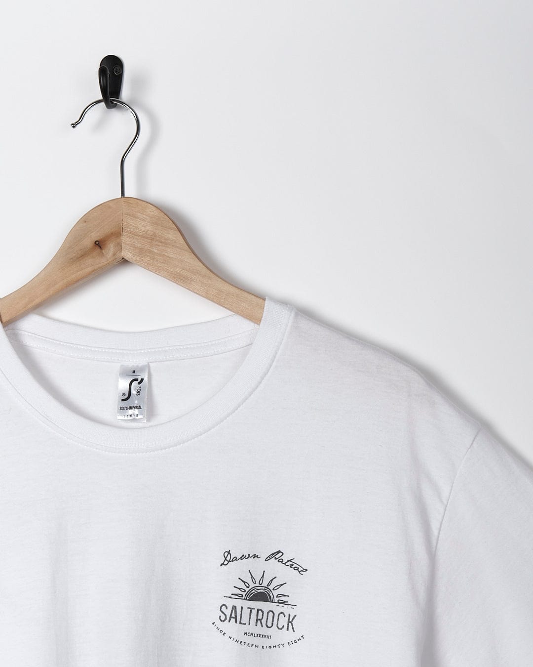 A Saltrock Dawn Patrol - Mens Short Sleeve T-Shirt - White with a logo on it.