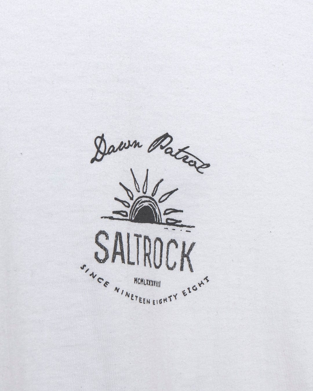 A Saltrock Dawn Patrol - Mens Short Sleeve T-Shirt - White with the words saltrock on it.
