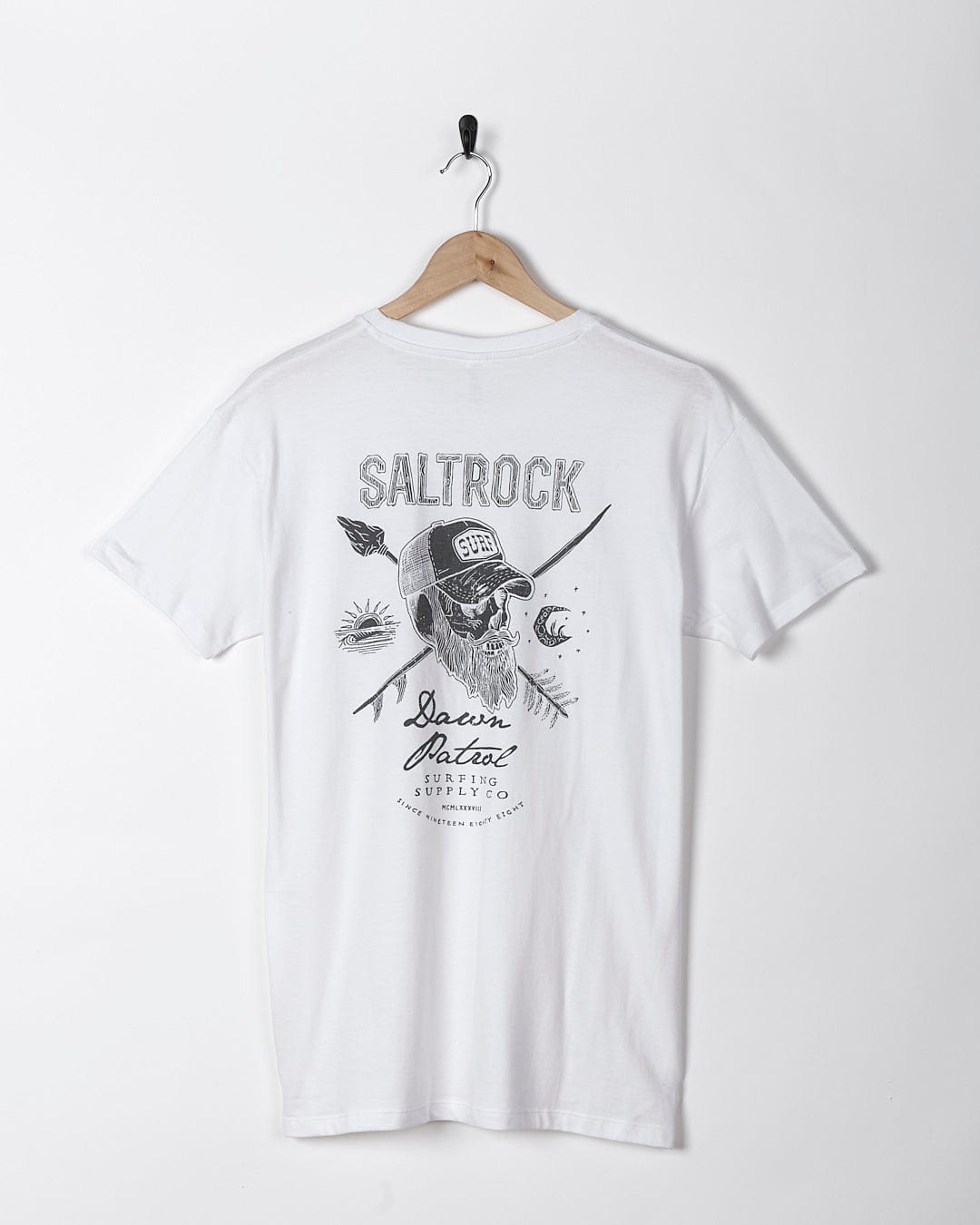 A Dawn Patrol - Mens Short Sleeve T-Shirt - White with the brand name Saltrock on it.