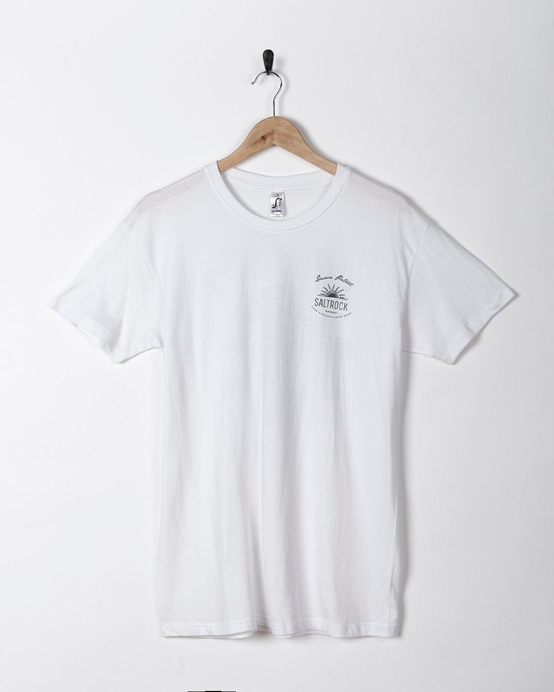 A Saltrock - Dawn Patrol Mens Short Sleeve T-Shirt - White with a small logo on it.