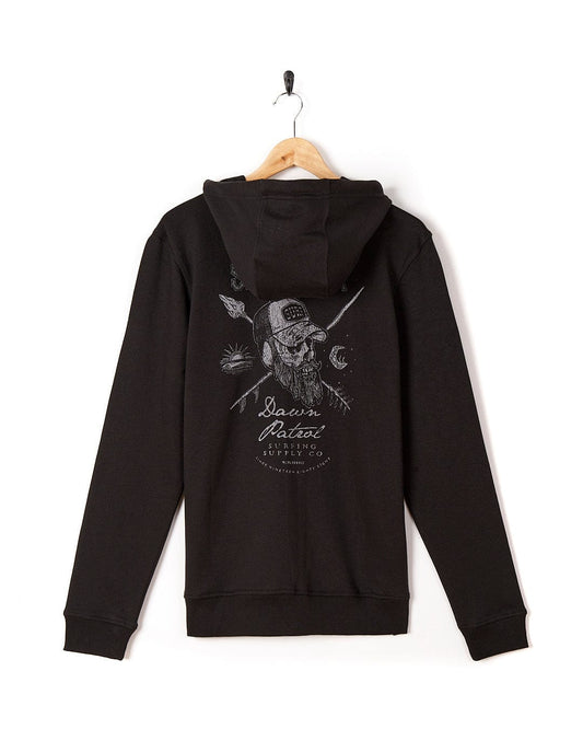 A Dawn Patrol - Mens Zip Hoodie - Black with a skull and crossbones on it, made by Saltrock.