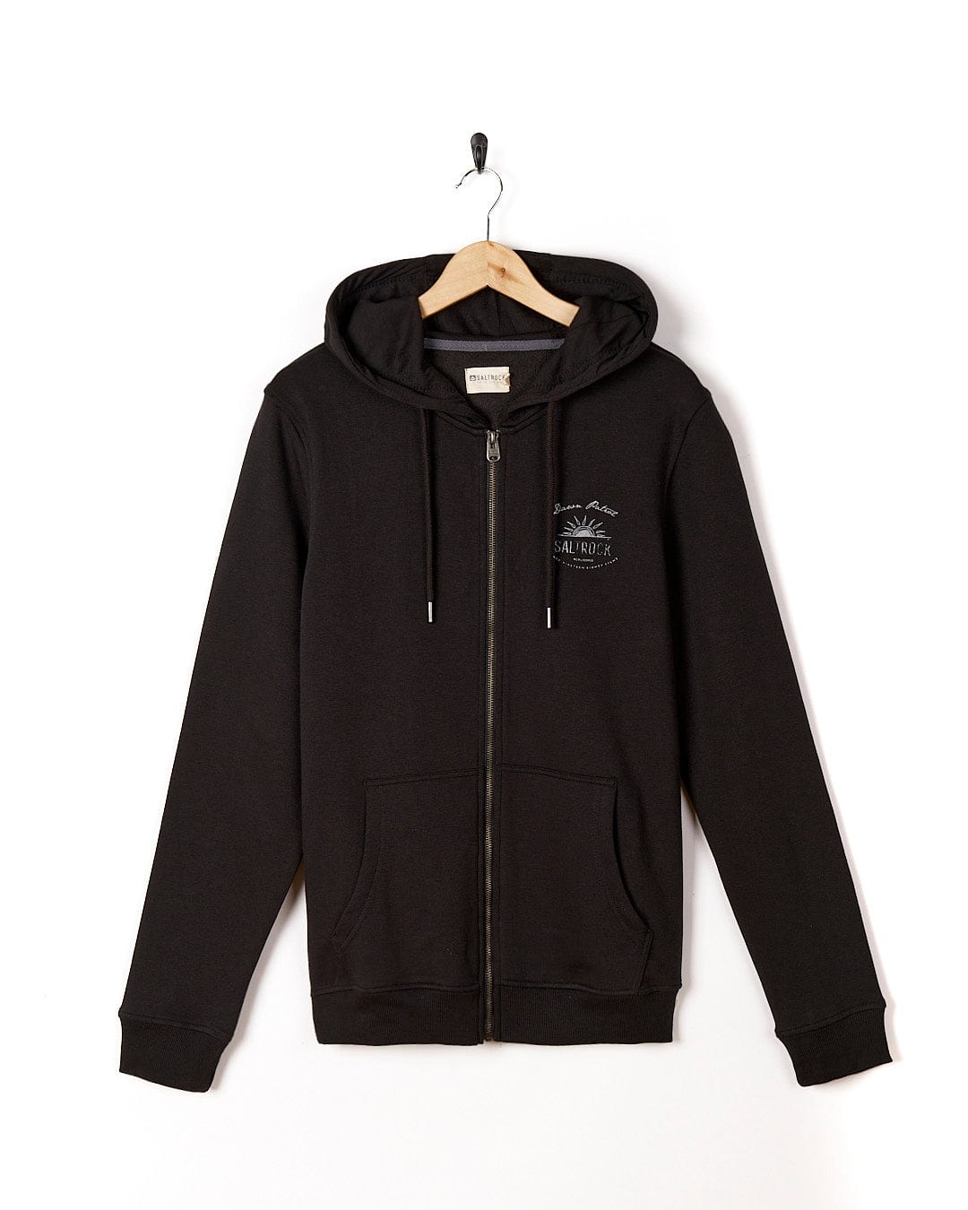 A Saltrock Dawn Patrol - Mens Zip Hoodie - Black with a logo on it.