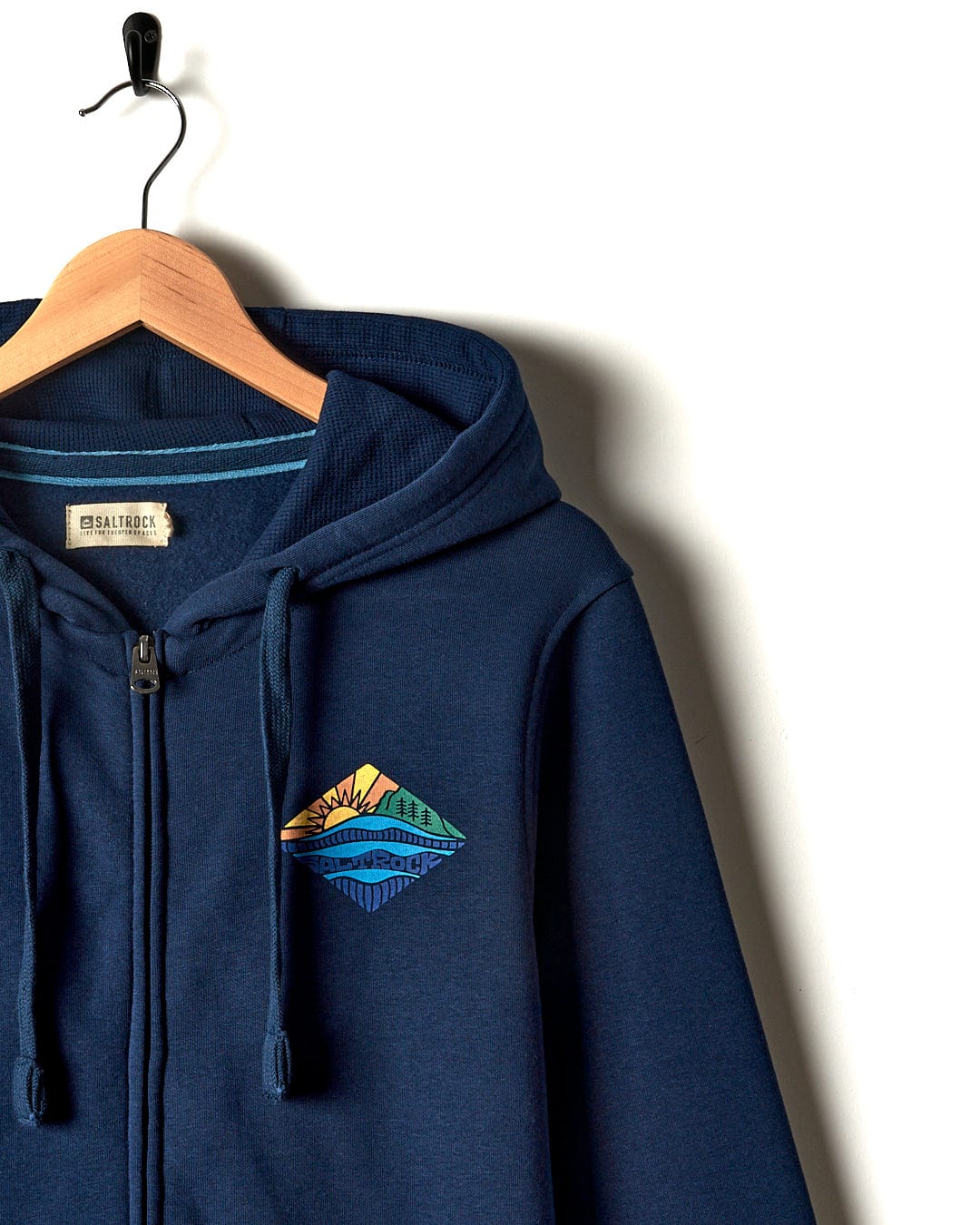 A Diamond Scene - Mens Zip Hoodie - Blue with a mountain embroidered on it by Saltrock.