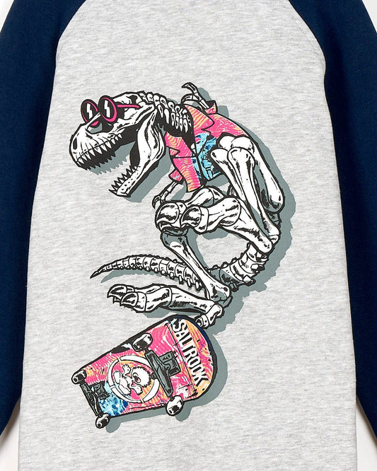 A Dino Party - Kids Zip Hoodie - Blue with a t-rex on a skateboard. Brand: Saltrock