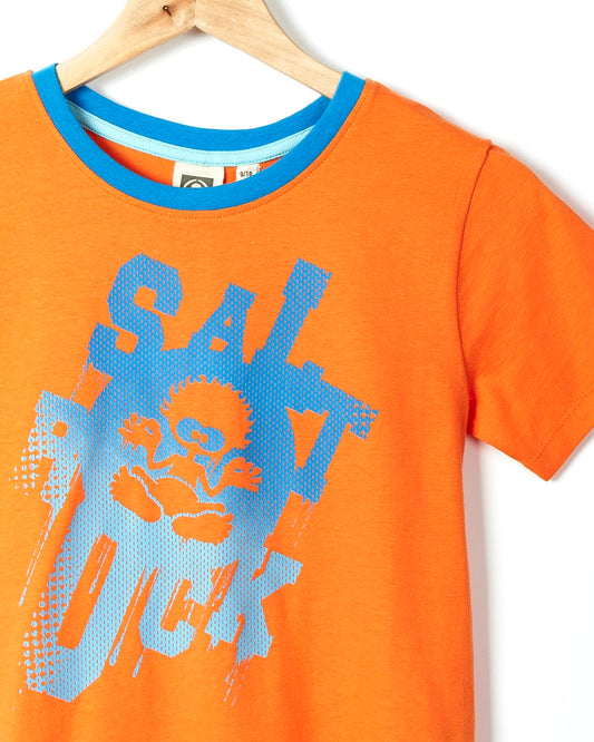 A Drip Mesh - Kids Short Sleeve T-shirt - Orange with the words Saltrock on it.
