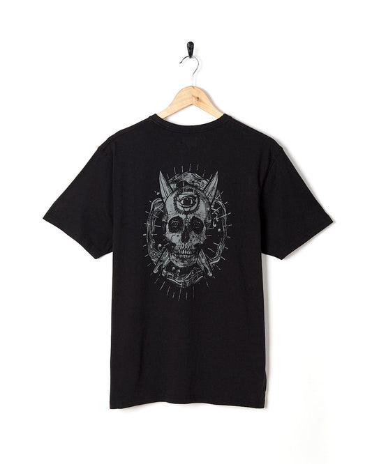 A Saltrock Eye Sea Waves - Mens Short Sleeve Stonewash T-shirt - Dark Grey with a skull on it.