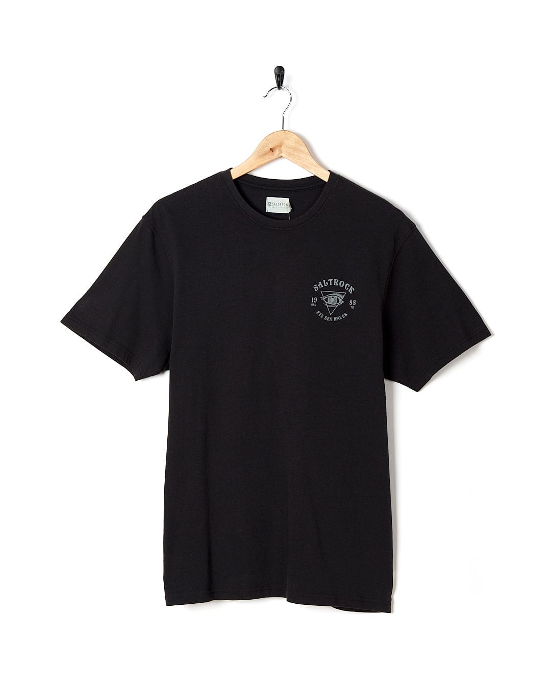A Saltrock Eye Sea Waves - Mens Short Sleeve Stonewash T-shirt - Dark Grey with a logo on it.