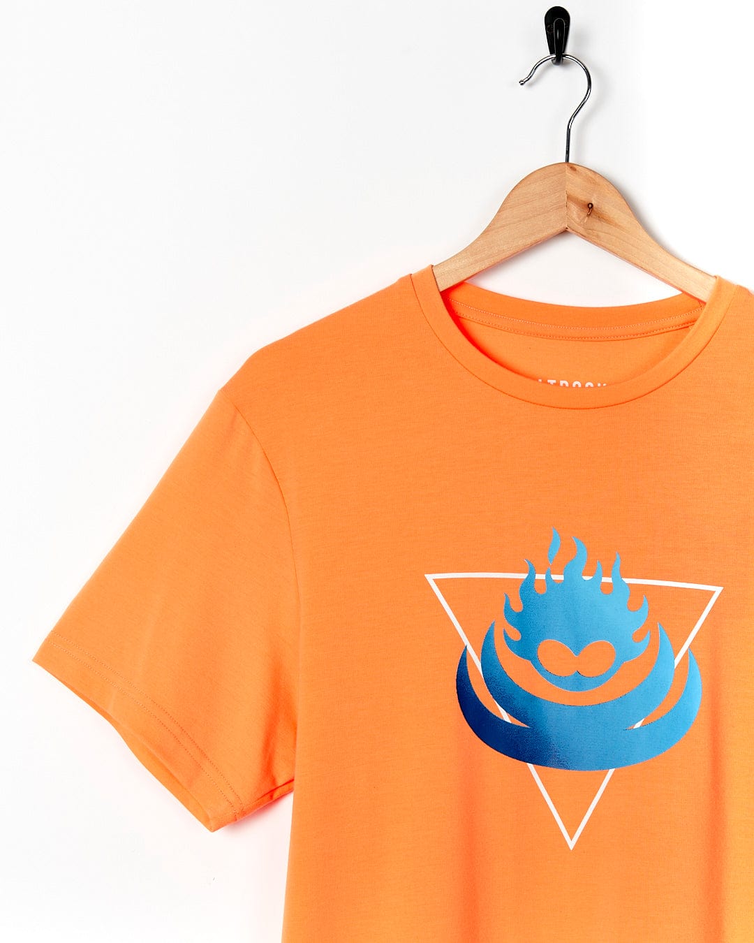 A Saltrock Flame Tri - Mens Recycled Short Sleeve T-Shirt - Light Orange with a blue flame on it.