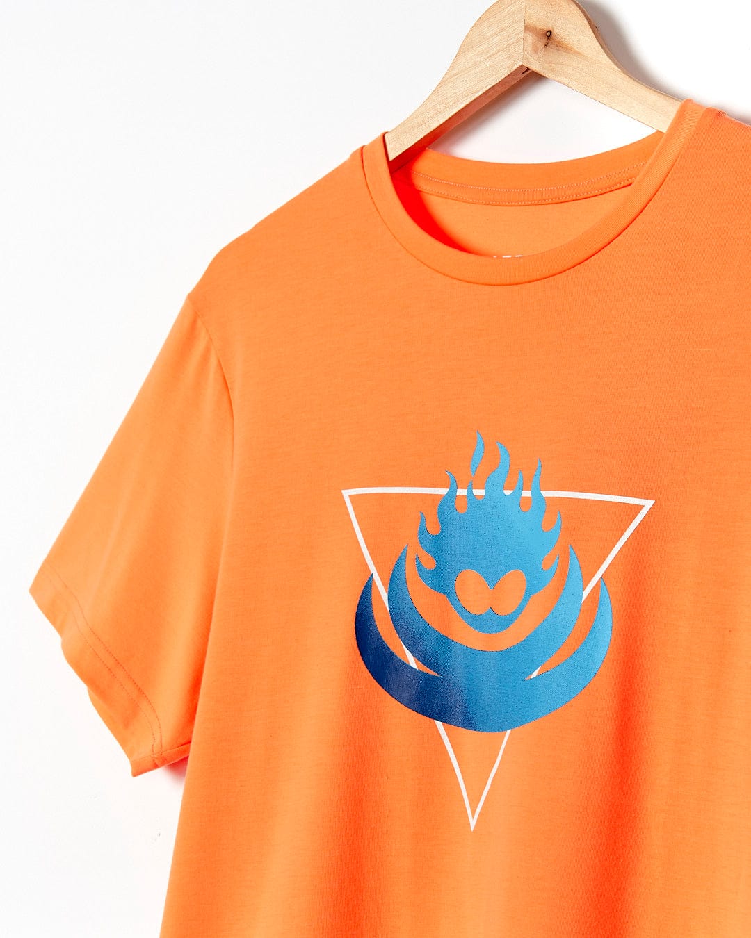 A Flame Tri - Mens Recycled Short Sleeve T-Shirt - Light Orange by Saltrock with a blue flame on it.