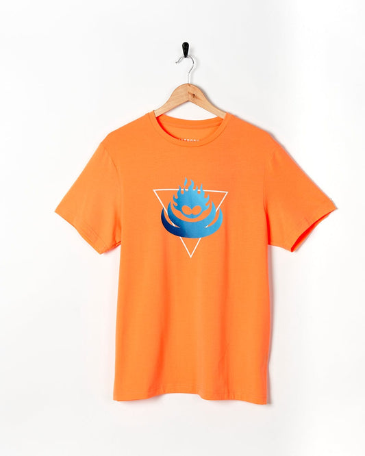 A Saltrock Flame Tri - Mens Recycled Short Sleeve T-Shirt - Light Orange with a blue triangle on it.