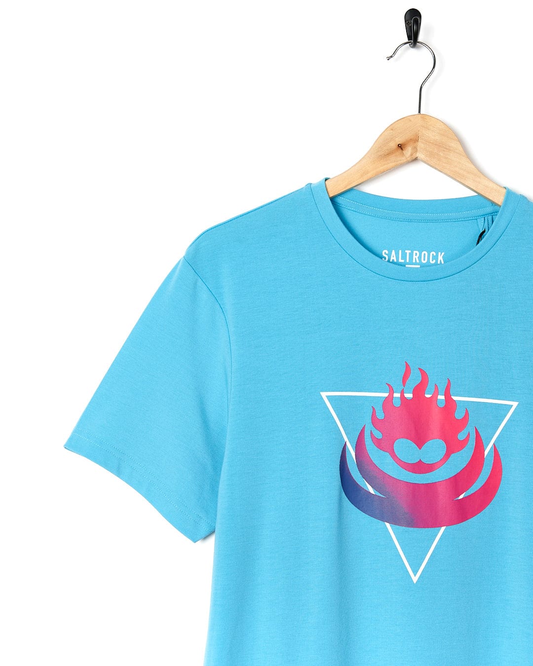 A Saltrock Flame Tri - Mens Recycled Short Sleeve T-Shirt - Teal with a pink and blue heart on it.