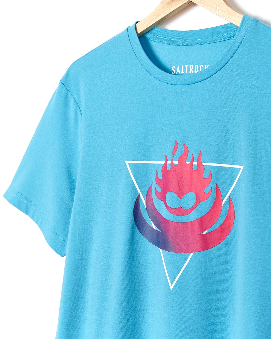 A Saltrock Flame Tri - Mens Recycled Short Sleeve T-Shirt in Teal with an image of a flame on it.
