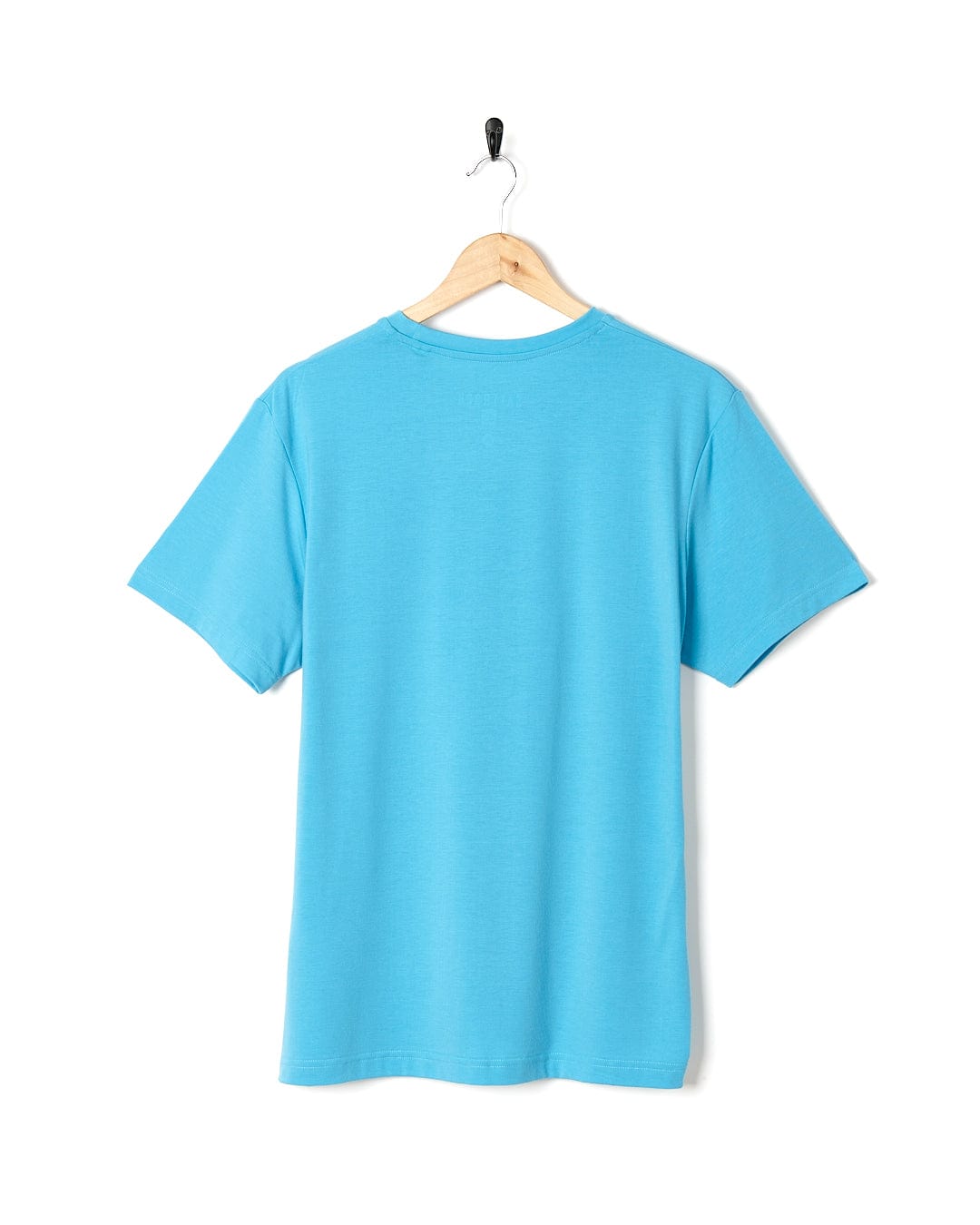A Saltrock Flame Tri - Mens Recycled Short Sleeve T-Shirt - Teal hanging on a wooden hanger.
