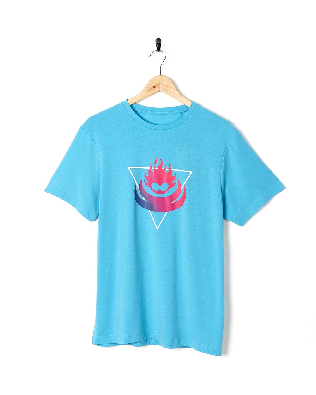 A Saltrock Flame Tri - Mens Recycled Short Sleeve T-Shirt - Teal with a pink and blue triangle on it.