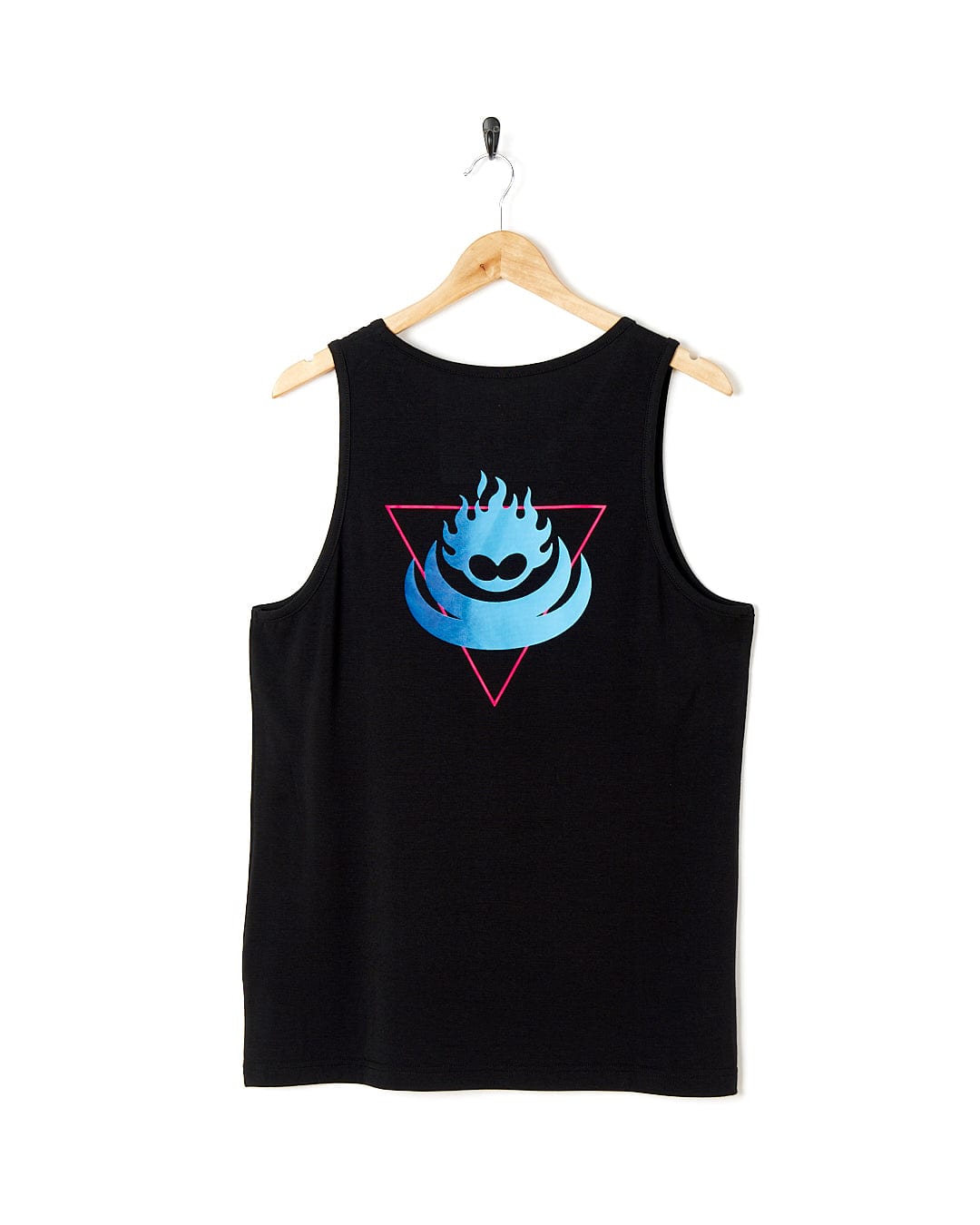A Saltrock Flame Tri - Mens Recycled Vest - Black with a blue and blue logo on it.