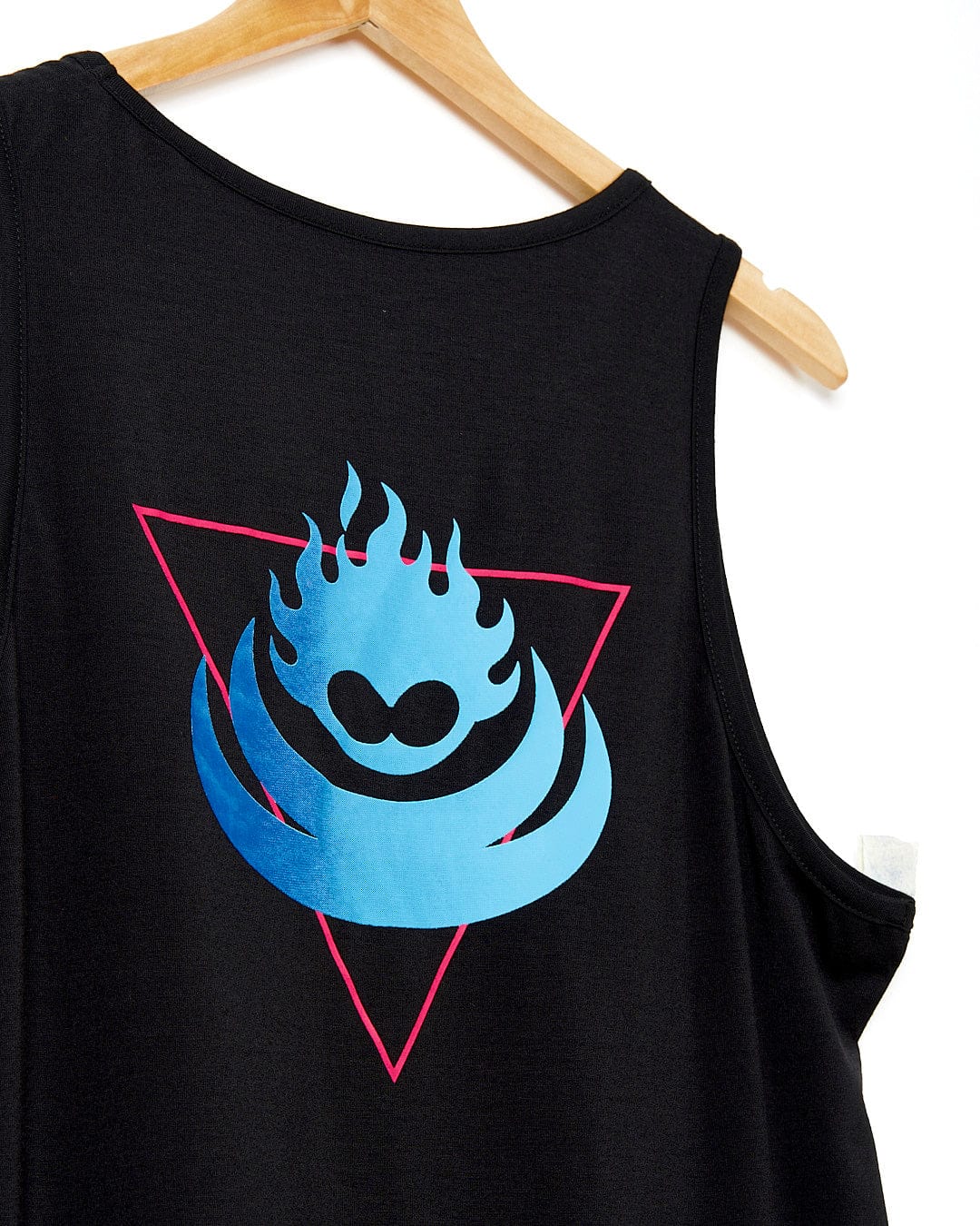 A black Flame Tri - Mens Recycled Vest with a blue flame on it by Saltrock.
