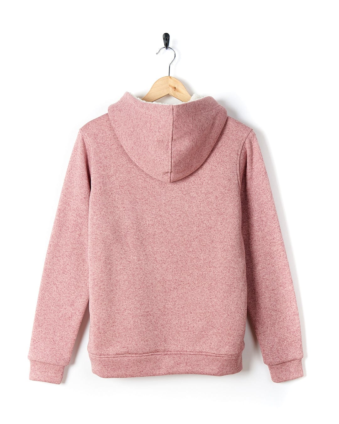A Galak - Womens Fur Lined Hoody - Mid Pink by Saltrock hanging on a hanger.