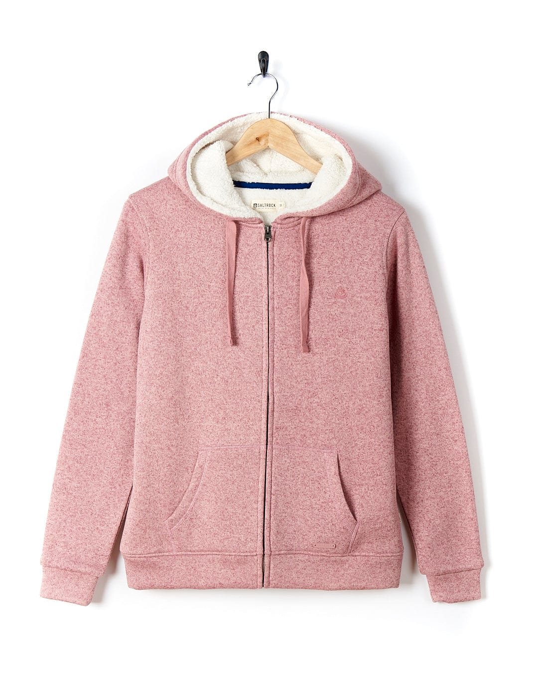 A cozy Galak - Womens Fur Lined Hoody - Pink with a stylish white hood, combining comfort and adventure, by Saltrock.
