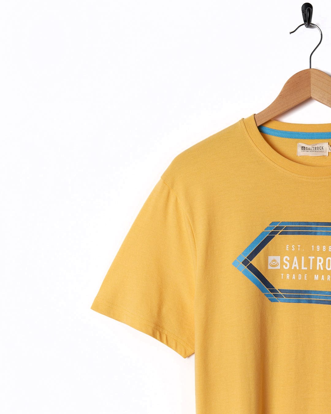 A Saltrock Gradient Hex - Mens Short Sleeve T-Shirt - Yellow with a blue logo on it.