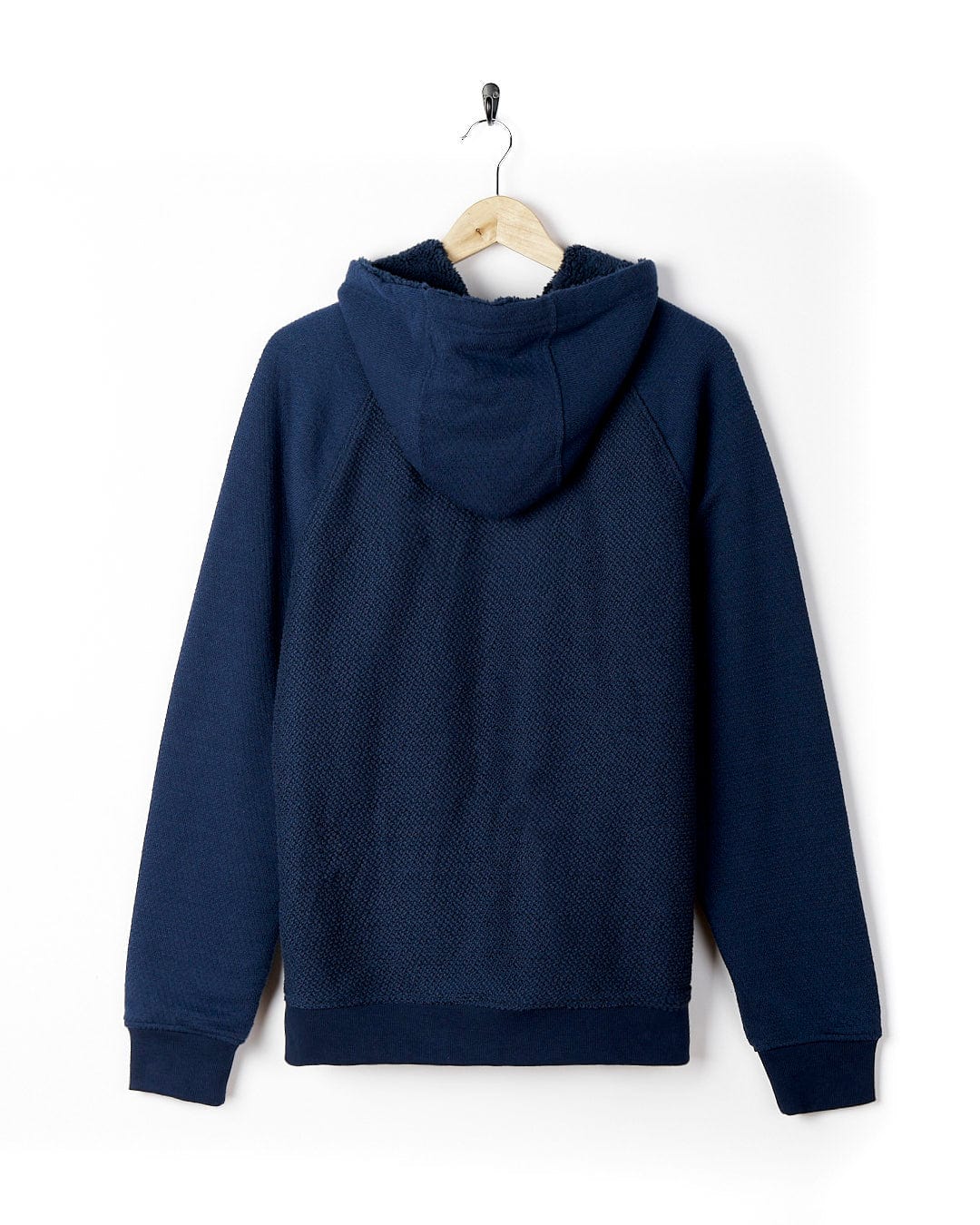 A Saltrock Hall - Mens Orkney Borg Lined Hoodie - Dark Blue hanging on a hanger.