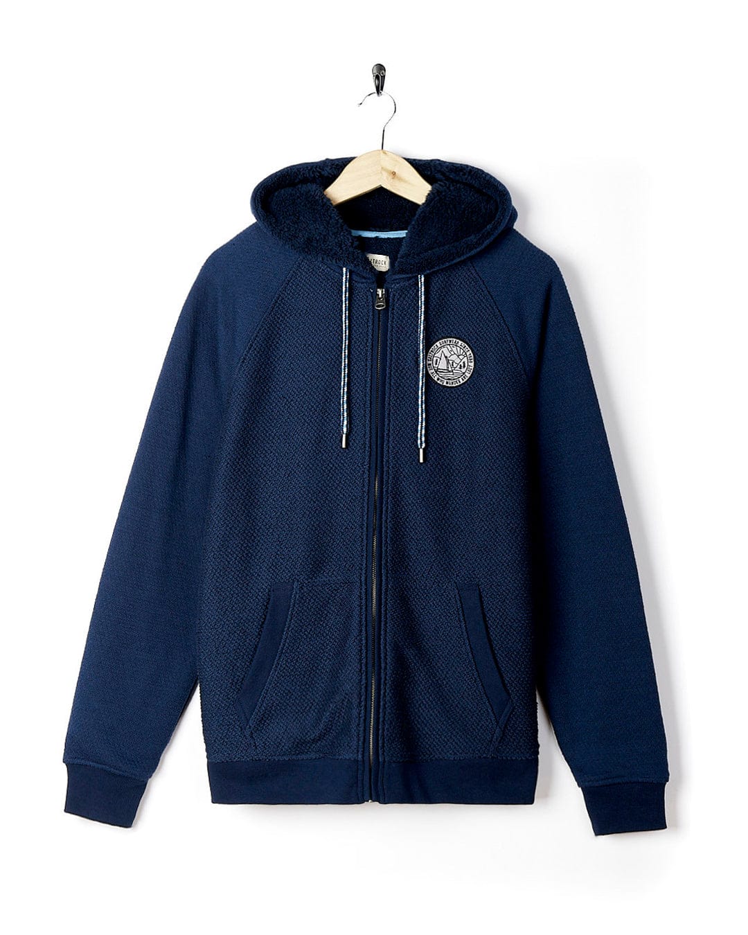 A Saltrock - Mens Orkney Borg Lined Hoodie - Dark Blue with a white logo on it.