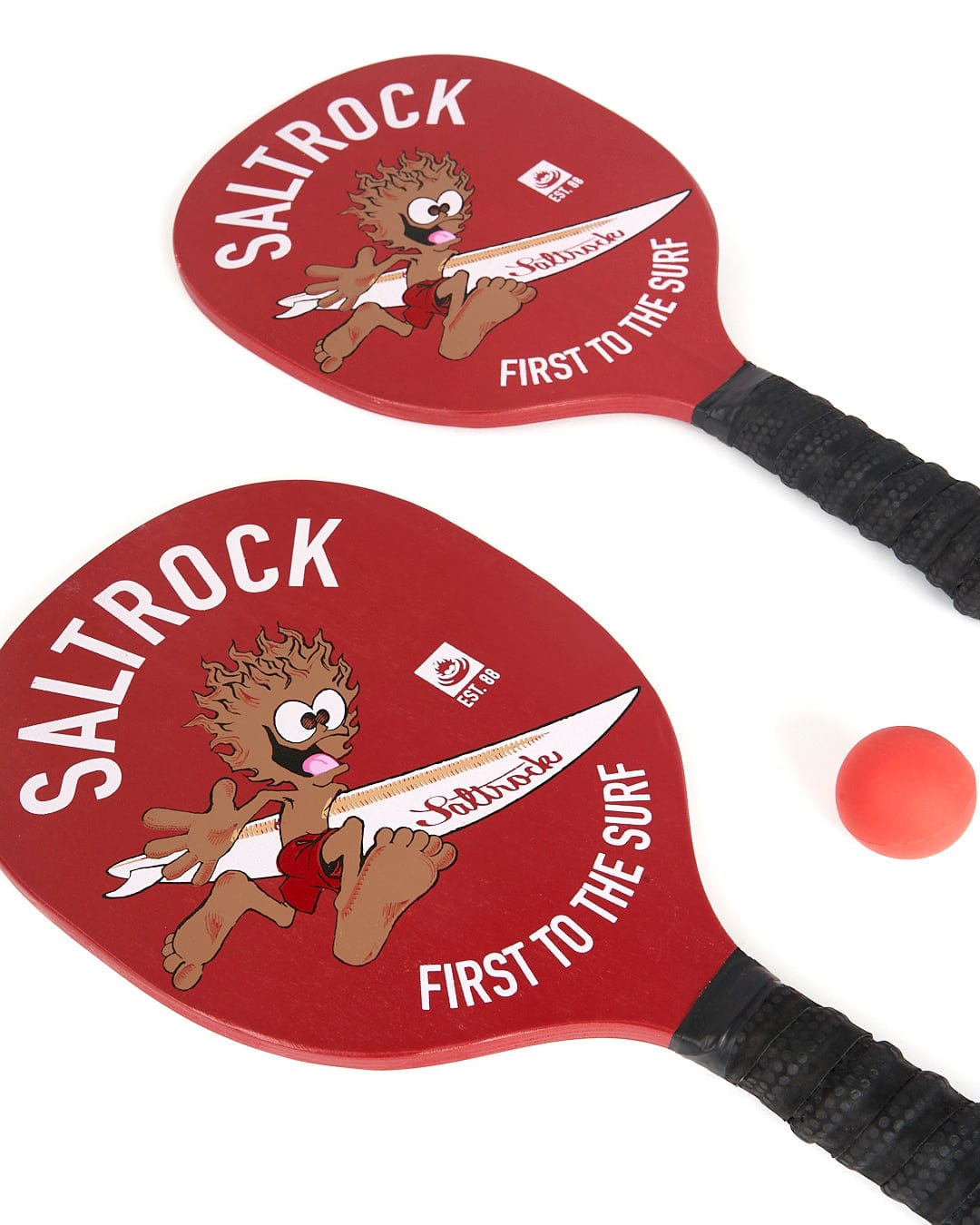 A Running Man - Bat And Ball - Red and a ball with the word Saltrock on it.
