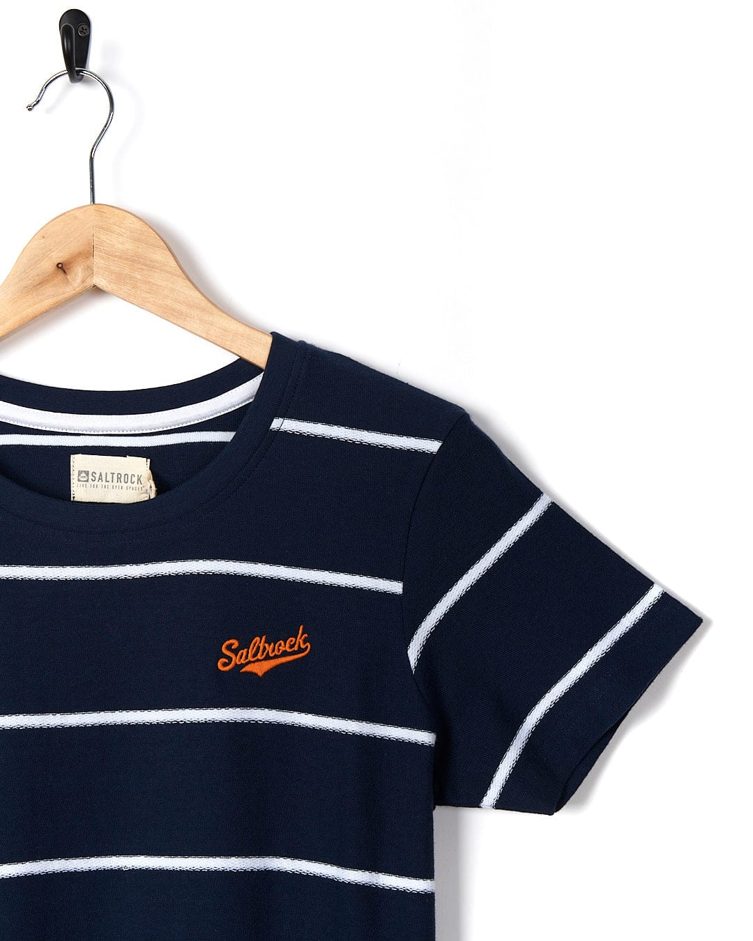 A Saltrock Hartland - Womens Striped Short Sleeve T-Shirt - Blue with an orange embroidered logo.