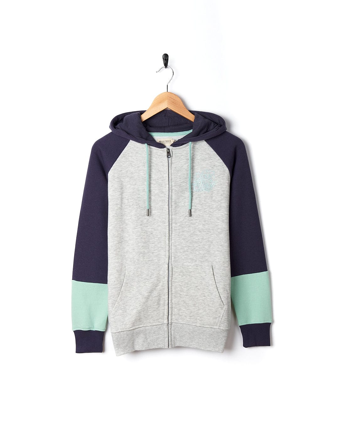 A Jan - Womens Zip Hoodie - Grey with a blue and green hood, perfect for effortless style. Brand: Saltrock.