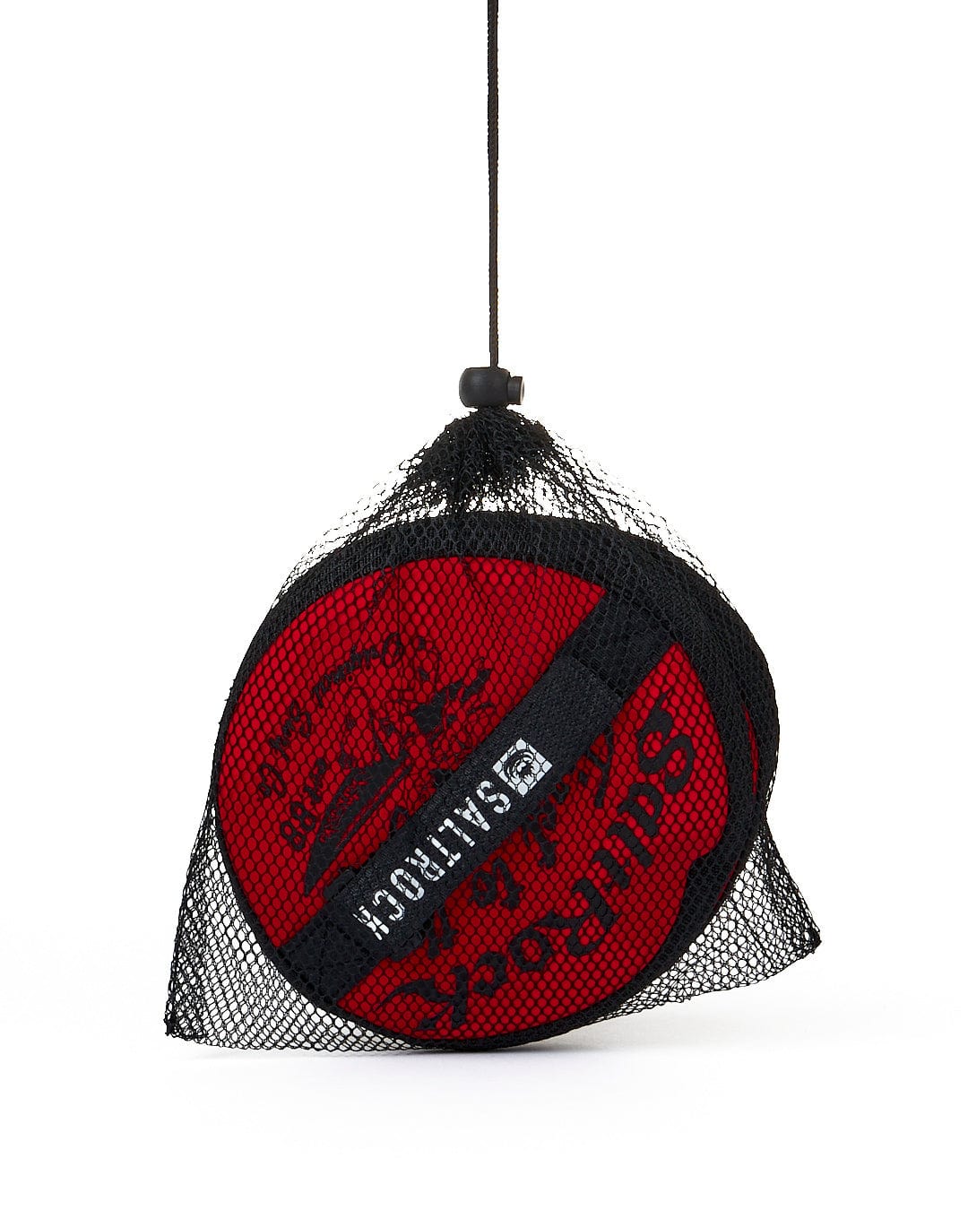 A Saltrock Jonty Catch Ball Set in Red and Black mesh, perfect for beach games, hanging on a white background.