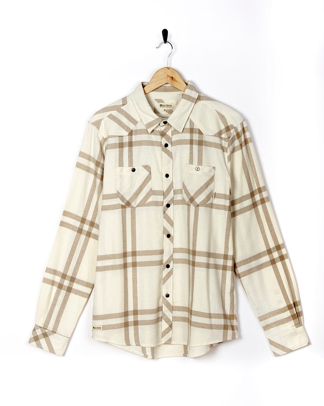 A Saltrock Lazer - Mens Long Sleeve Check Shirt - Light Grey hanging on a hanger.