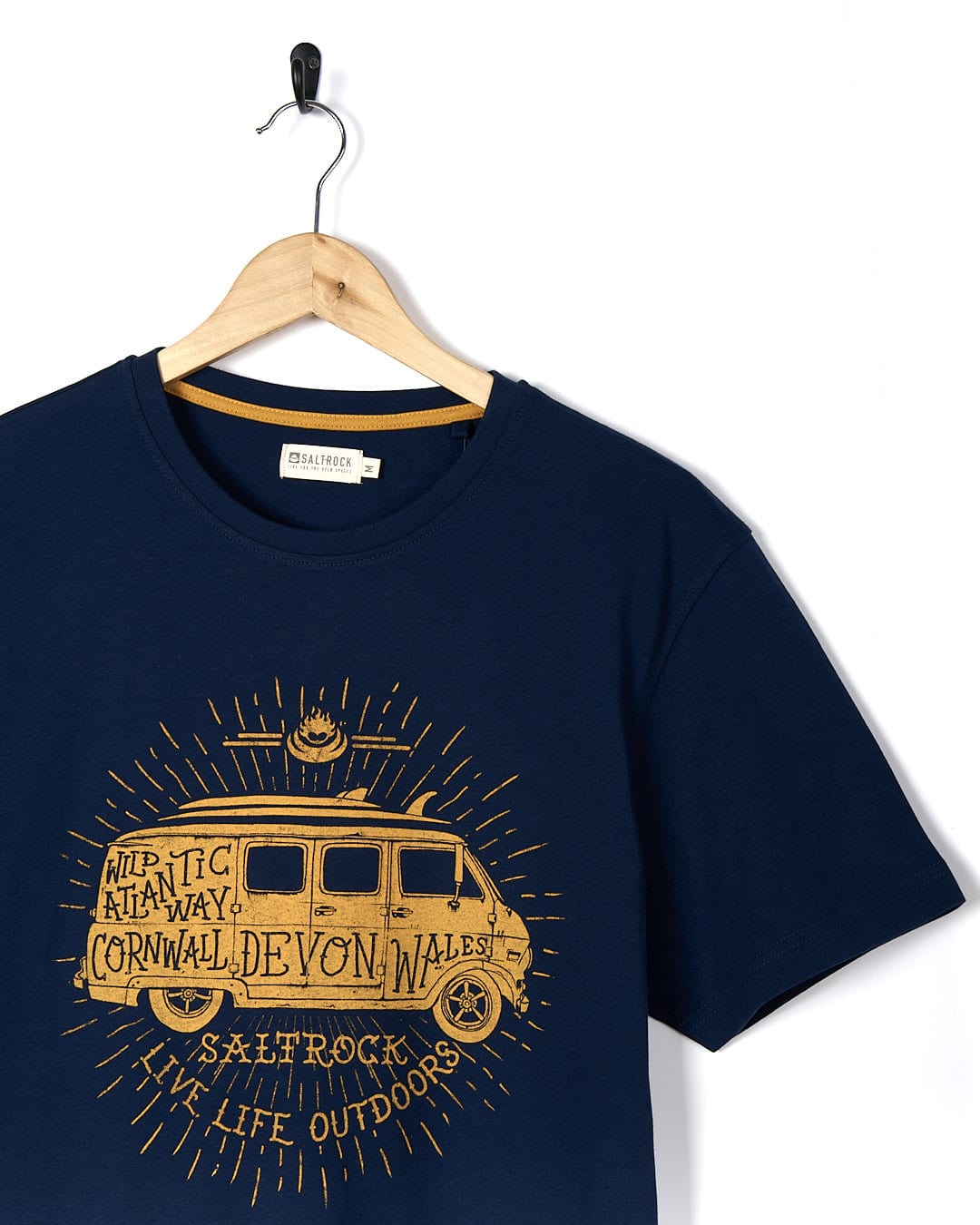 A Saltrock Live Life Location - Mens Short Sleeve T-Shirt - Blue with an image of a van on it.