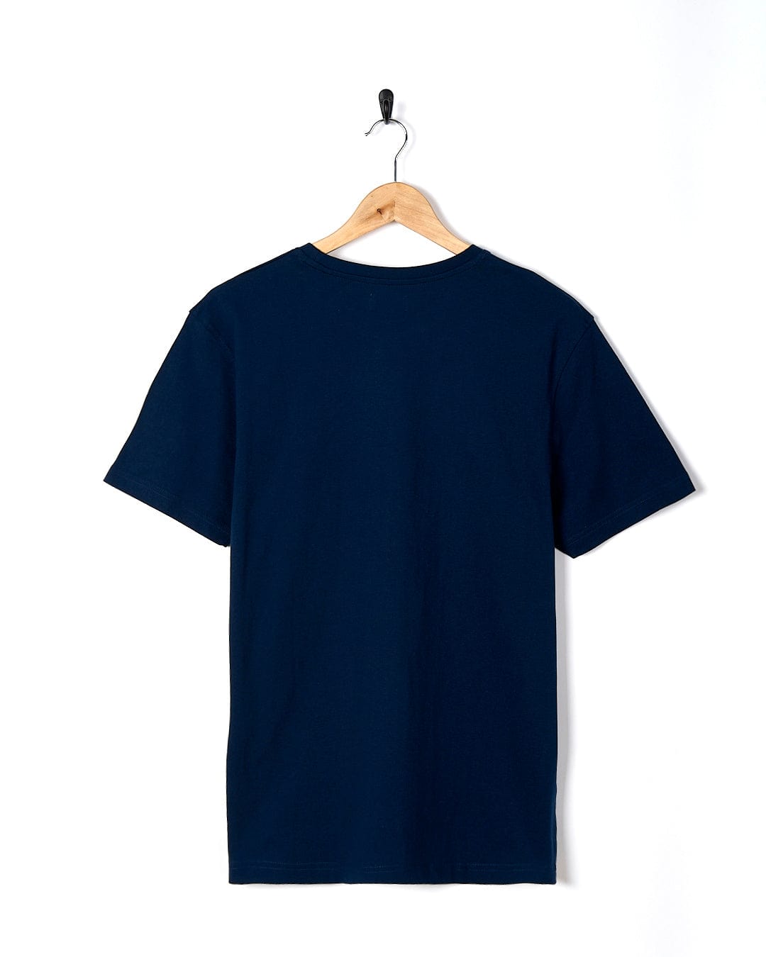 The back of a Saltrock Live Life Location - Mens Short Sleeve T-Shirt - Blue hanging on a hanger.