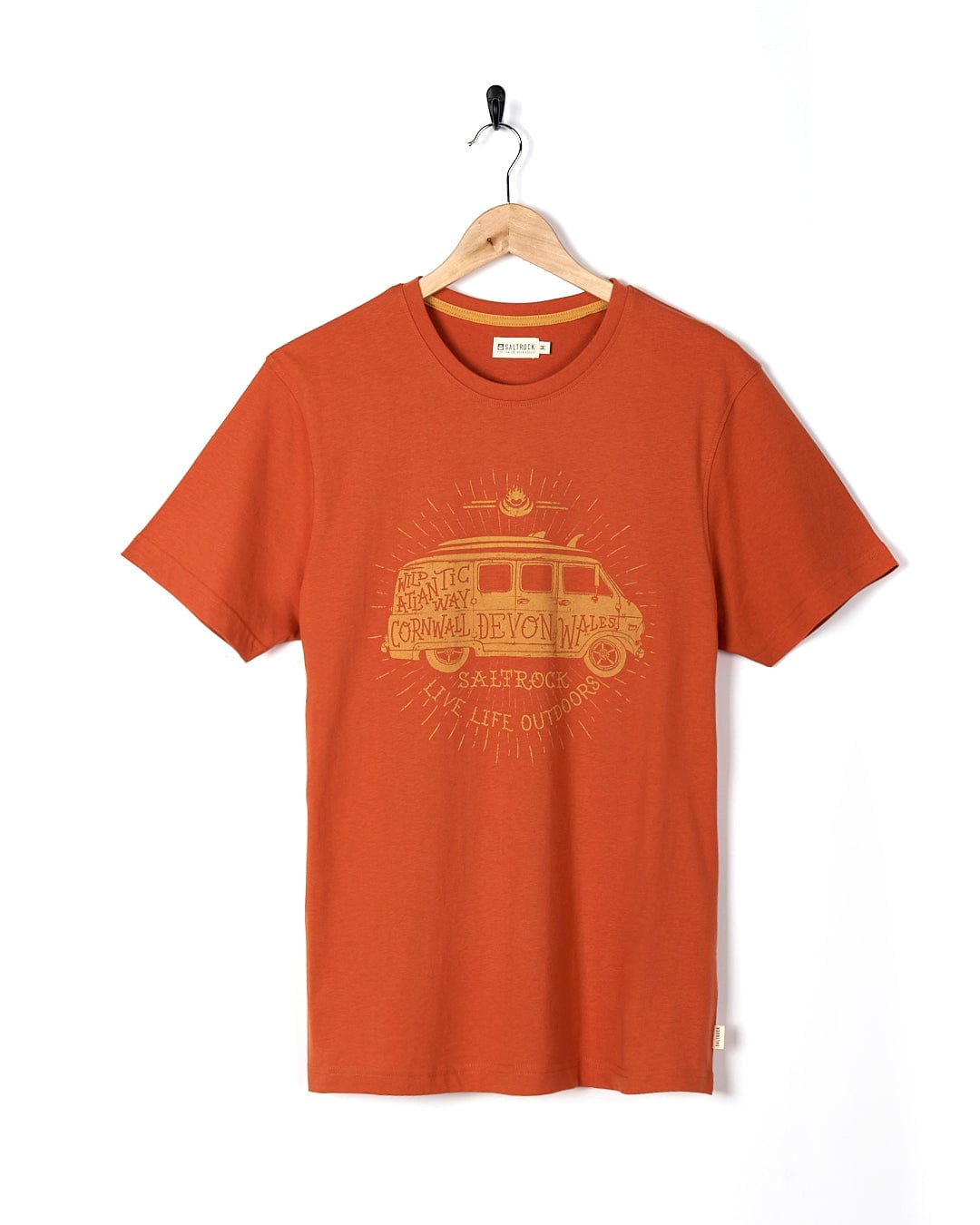 A Live Life Location - Mens Short Sleeve T-Shirt in Orange by Saltrock, with an image of a van.