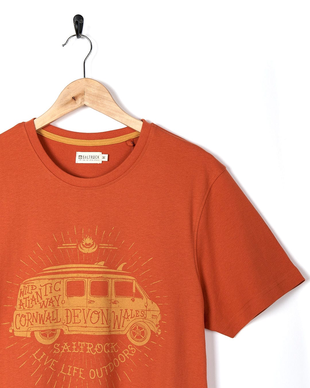 A Saltrock Live Life Location - Mens Short Sleeve T-Shirt - Orange with an image of a van.