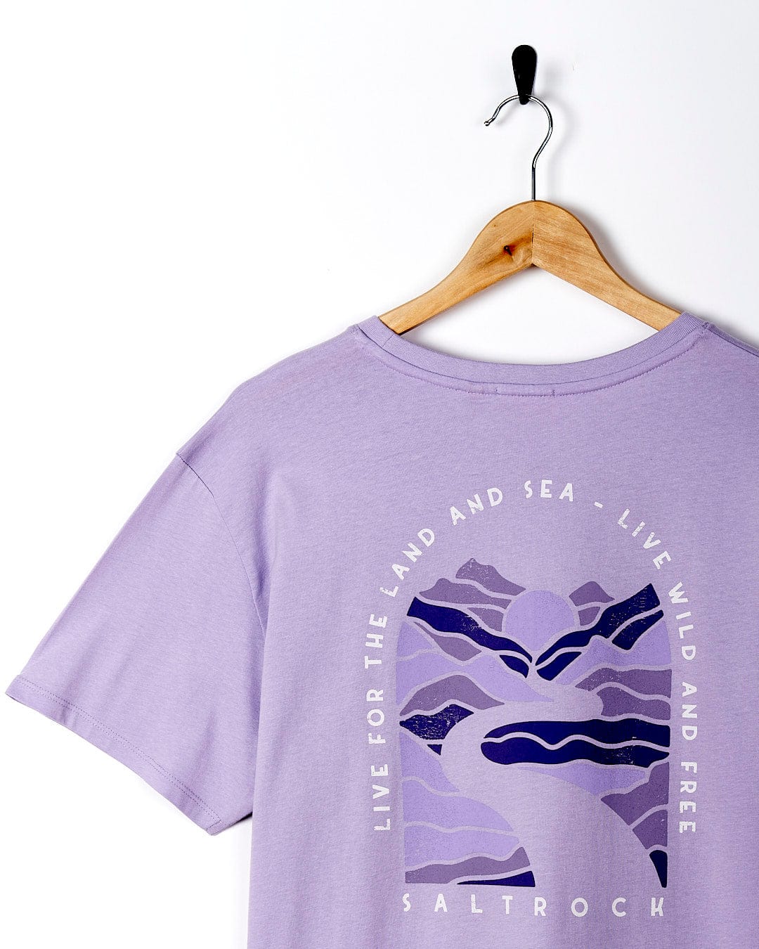 A Live Wild - Womens Short Sleeve T-Shirt - Light Purple with an image of a mountain and a lake. (Brand Name: Saltrock)
