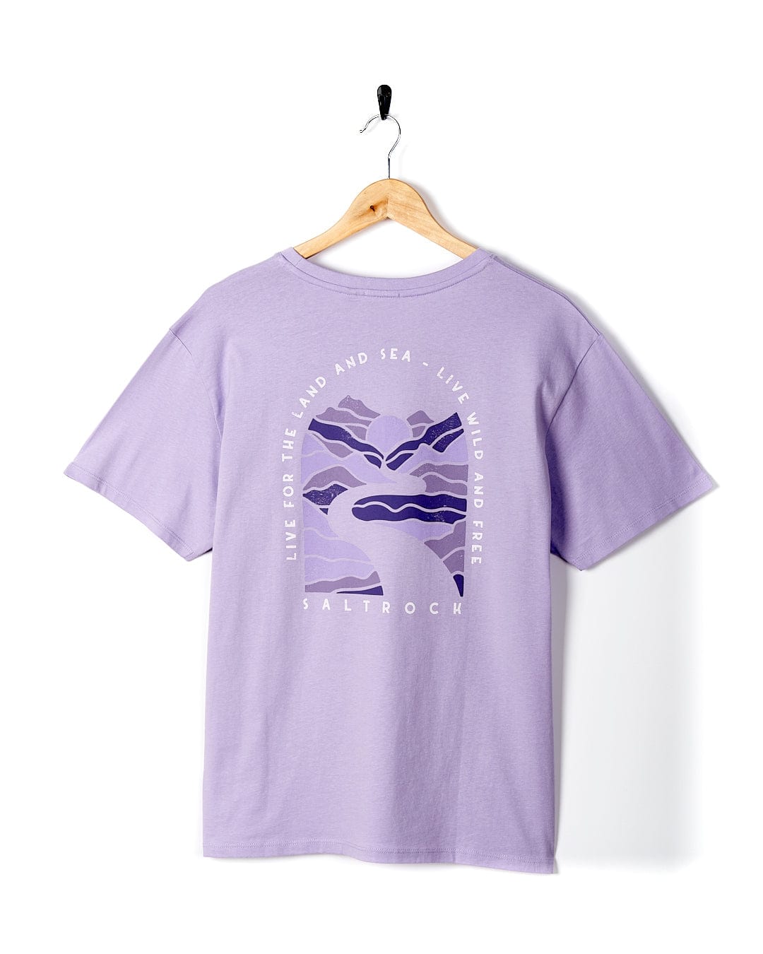 A Saltrock Live Wild - Womens Short Sleeve T-Shirt in Light Purple with an image of mountains on it.