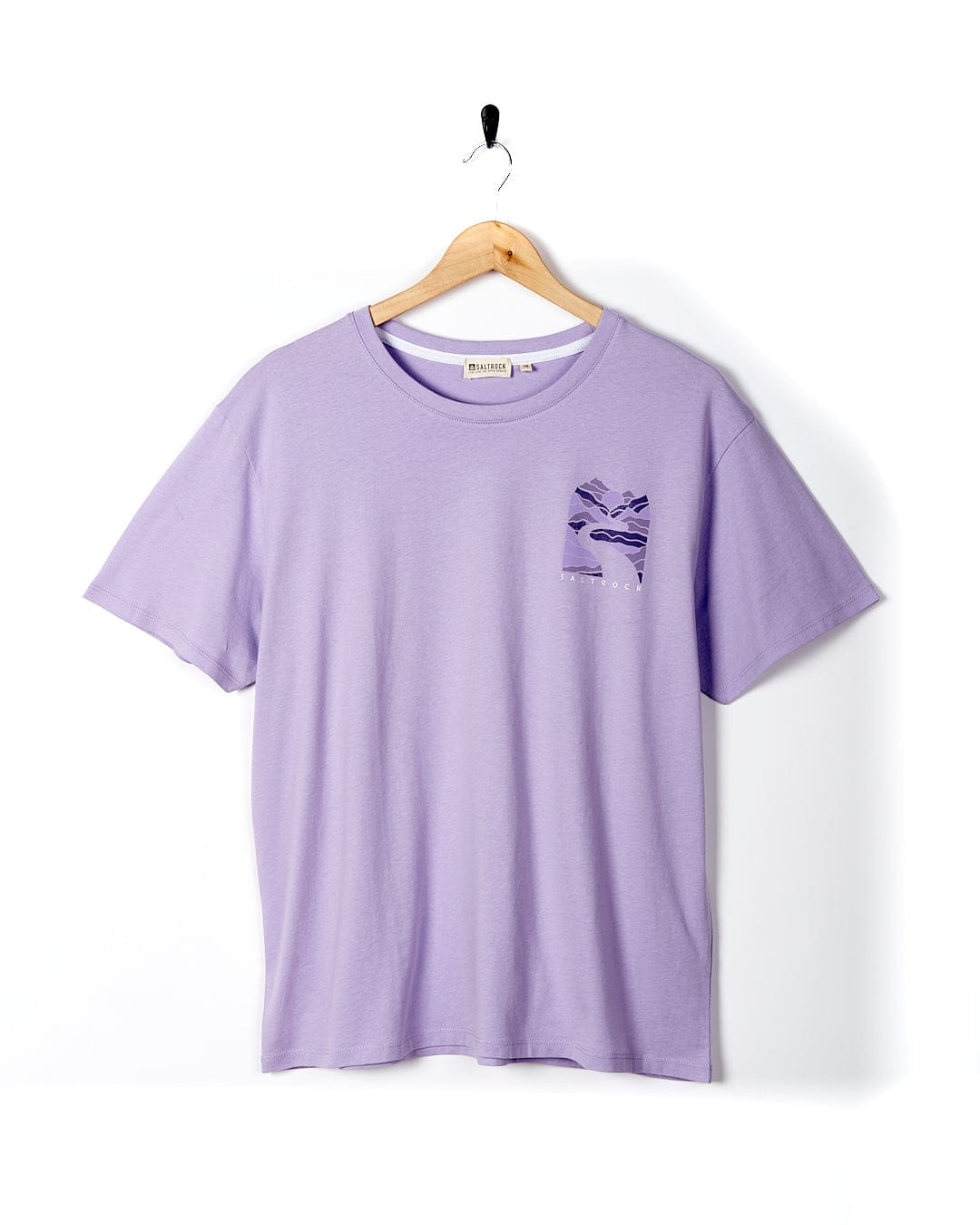 A Live Wild - Womens Short Sleeve T-Shirt - Light Purple hanging on a wooden hanger. (Saltrock)