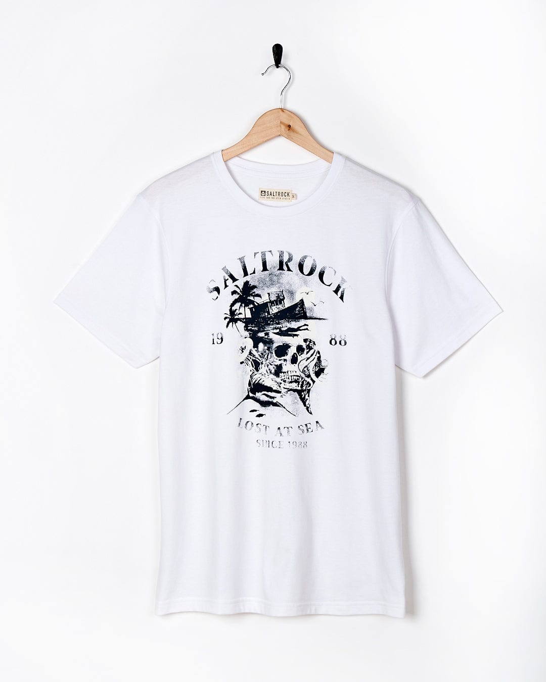 A Lost At Sea Skull - Mens Short Sleeve T-Shirt - White by Saltrock with a skull and crossbones on it.