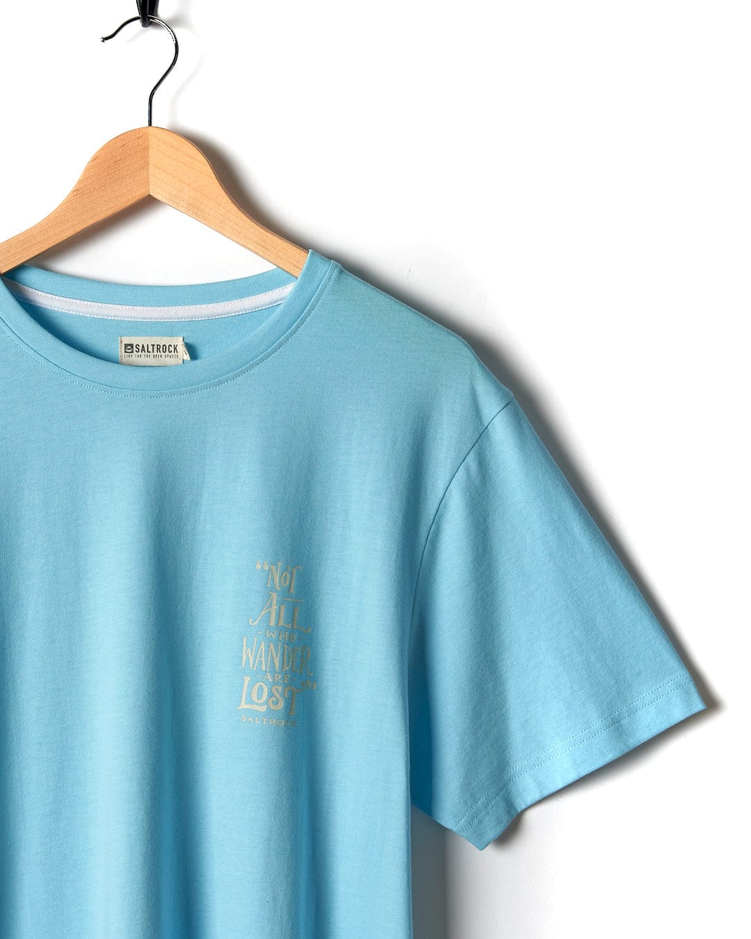 A Lost Ships - Mens Short Sleeve T-Shirt - Light Blue with a gold logo on it.