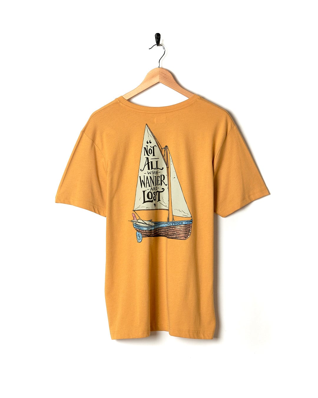 A Saltrock Lost Ships - Mens Short Sleeve T-Shirt - Yellow with a sailboat on it.