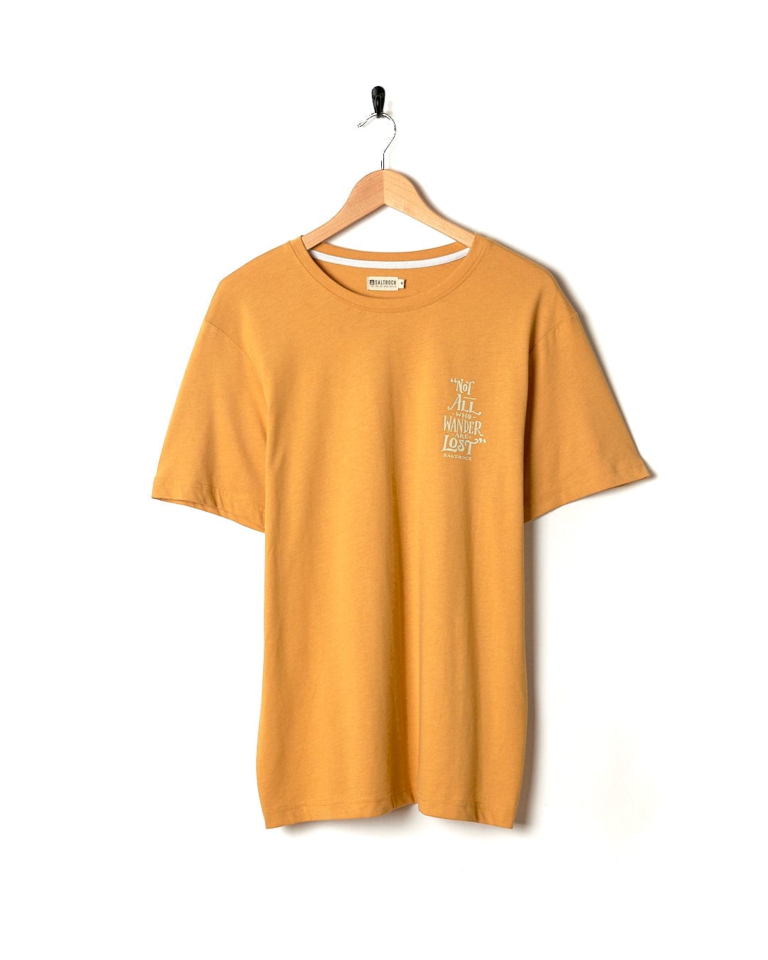 A Lost Ships - Mens Short Sleeve T-Shirt - Yellow hanging on a hanger. Brand Name: Saltrock