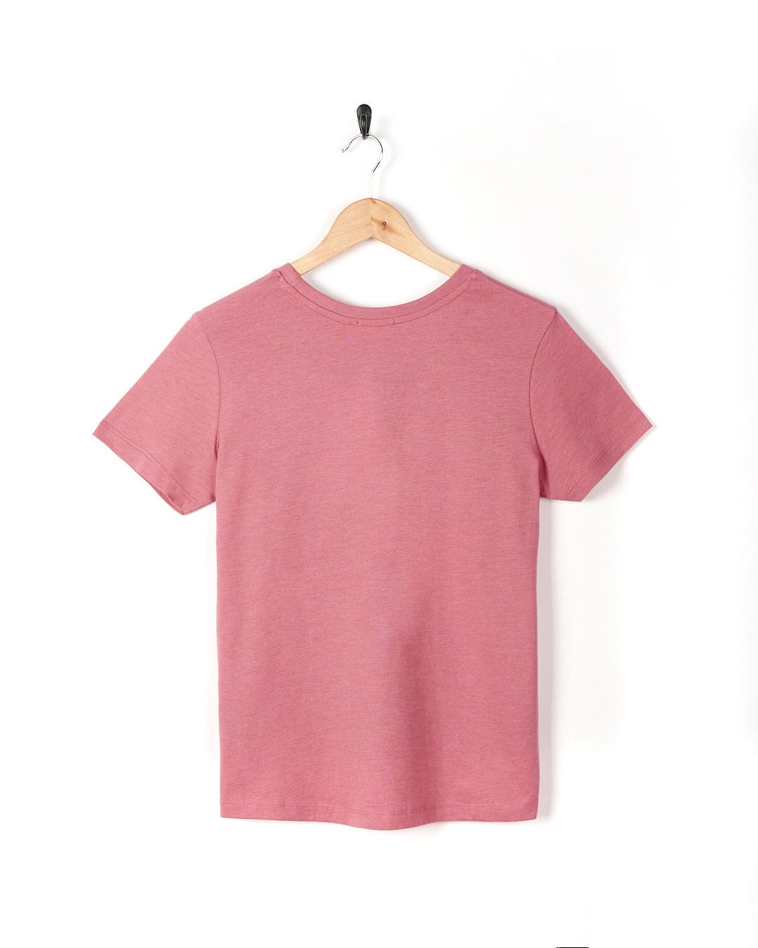A Love Your Ocean - Womens Short Sleeve T-Shirt - Mid Pink hanging on a wooden hanger. (Brand Name: Saltrock)