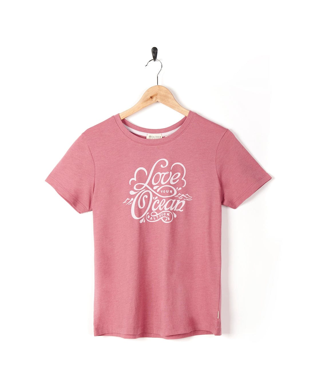A Saltrock Love Your Ocean - Womens Short Sleeve T-Shirt - Mid Pink with the words love the ocean on it.