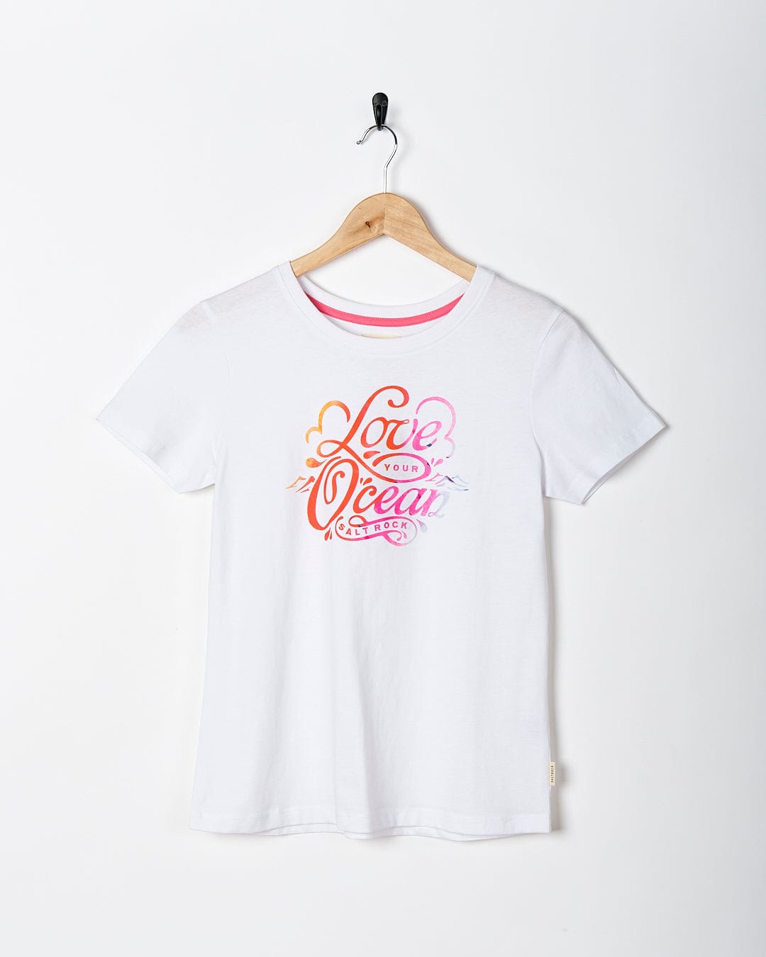 A Love Your Ocean - Womens Short Sleeve T-Shirt - White with a colorful logo on it by Saltrock.