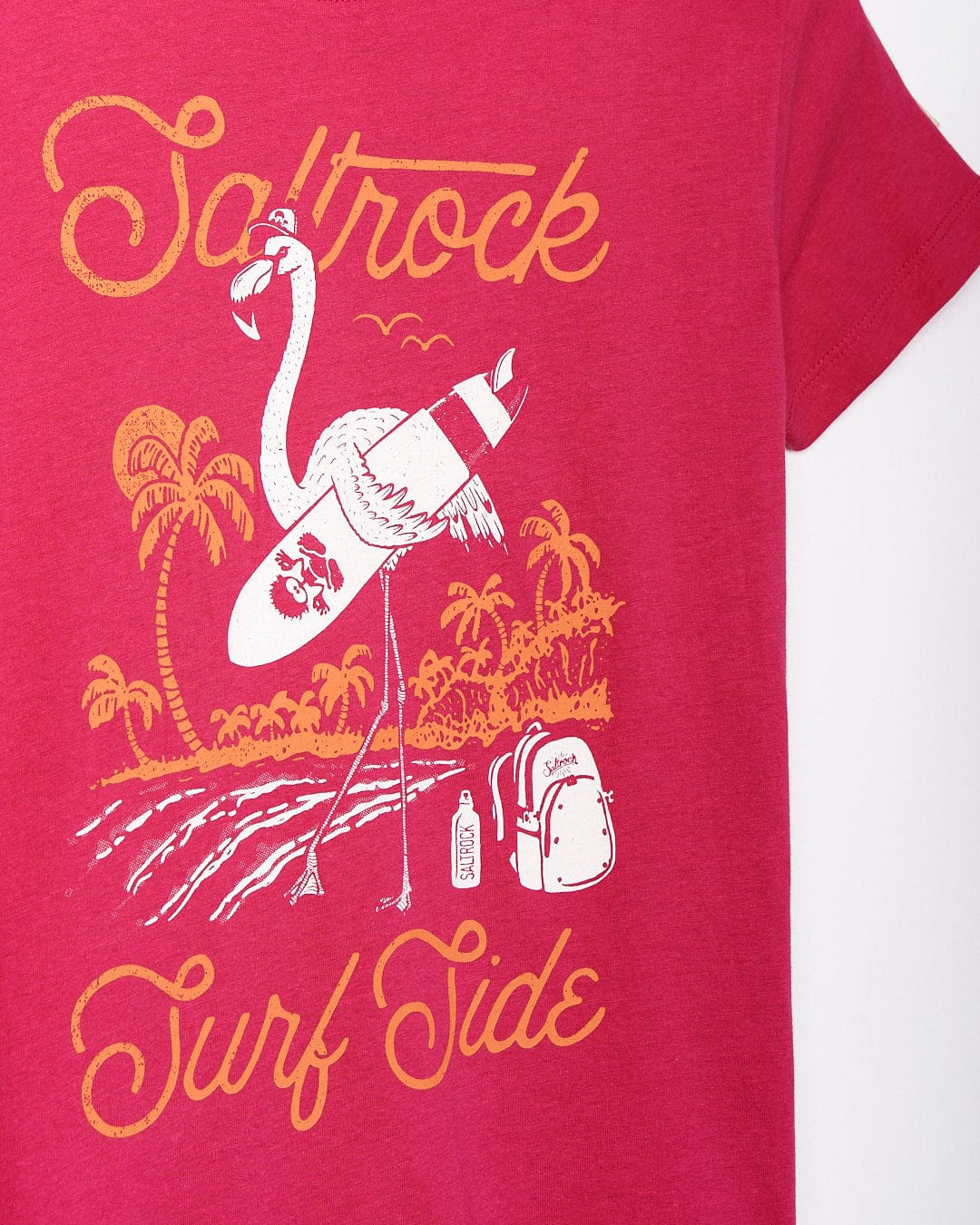 A Saltrock Mingogo - Kids Short Sleeve T-Shirt - Dark Pink with an image of a flamingo and a surfboard.