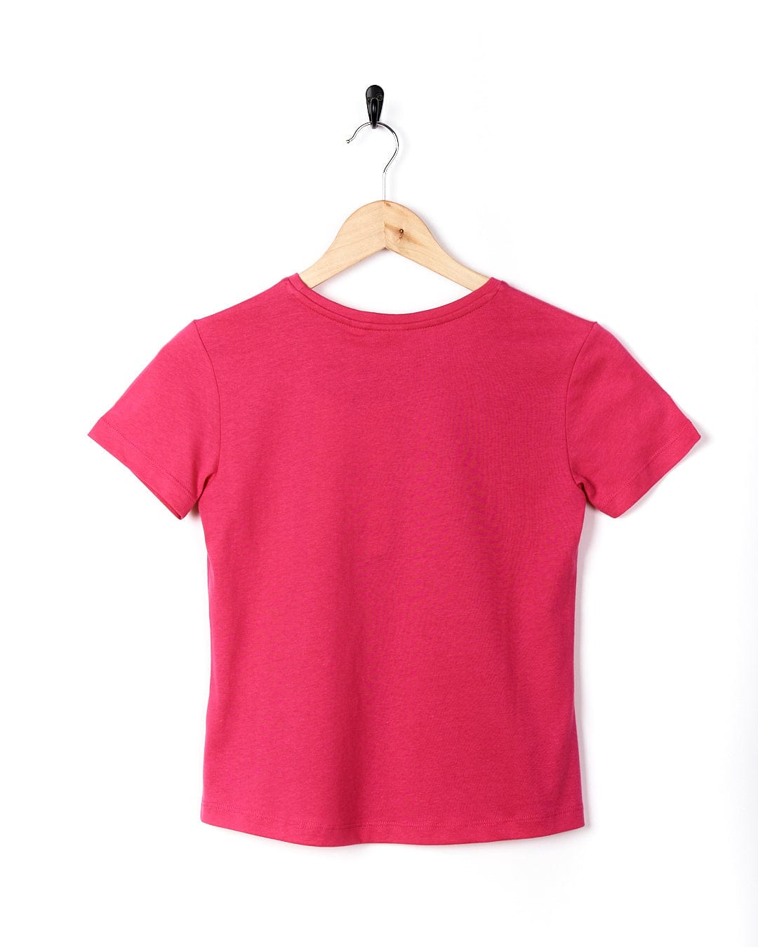 A Mingogo Kids Short Sleeve T-Shirt - Dark Pink hanging on a wooden hanger. (Brand: Saltrock)