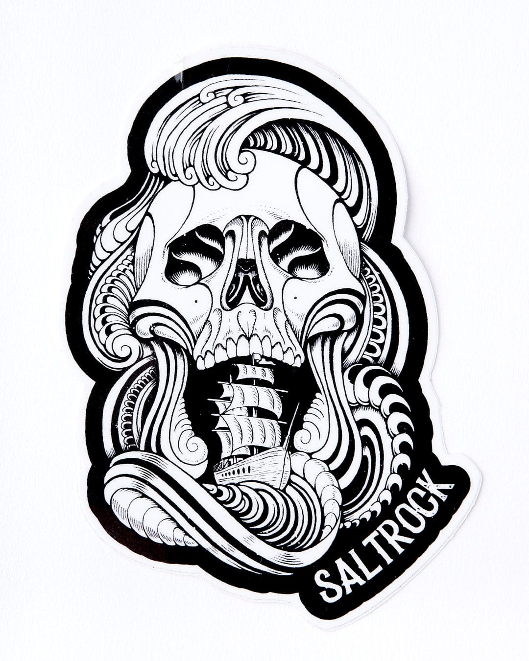 A black and white No Mercy - Sticker - Black/white with the word Saltrock on it.